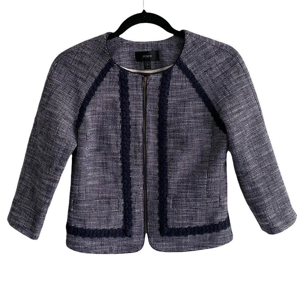 J. Crew Navy Blue Tweed Cropped Collarless Zip Front Blazer Jacket 0